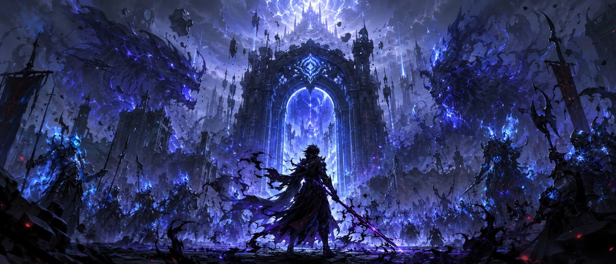 Ein dunkler Fantasy-Kämpfer steht vor einem blauen Portal, während Schattenkrieger und gewaltige Monster in einer düsteren Action-RPG-Szene aufziehen.