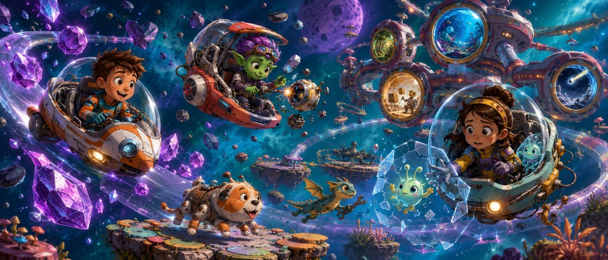 Drei junge Weltraumforscher fliegen mit tierischen Begleitern durch ein Asteroidenfeld auf einen farbenfrohen fremden Planeten zu.