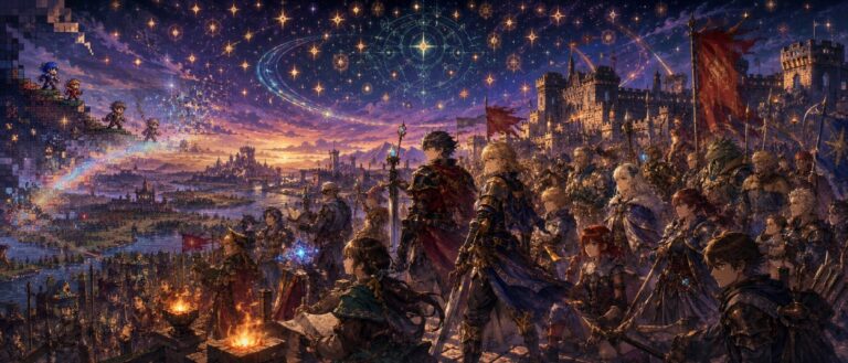 Eine große Gruppe von Fantasy-Helden versammelt sich vor einer alten Festung, während Runenmagie, Banner und Sternsymbole über einem politischen Krieg aufziehen.