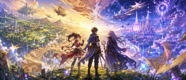 Eine klassische JRPG-Heldengruppe steht vor zwei schwebenden Welten, während ein Schwertkämpfer, eine Kämpferin und eine geheimnisvolle Magierin in ein neues Abenteuer aufbrechen.