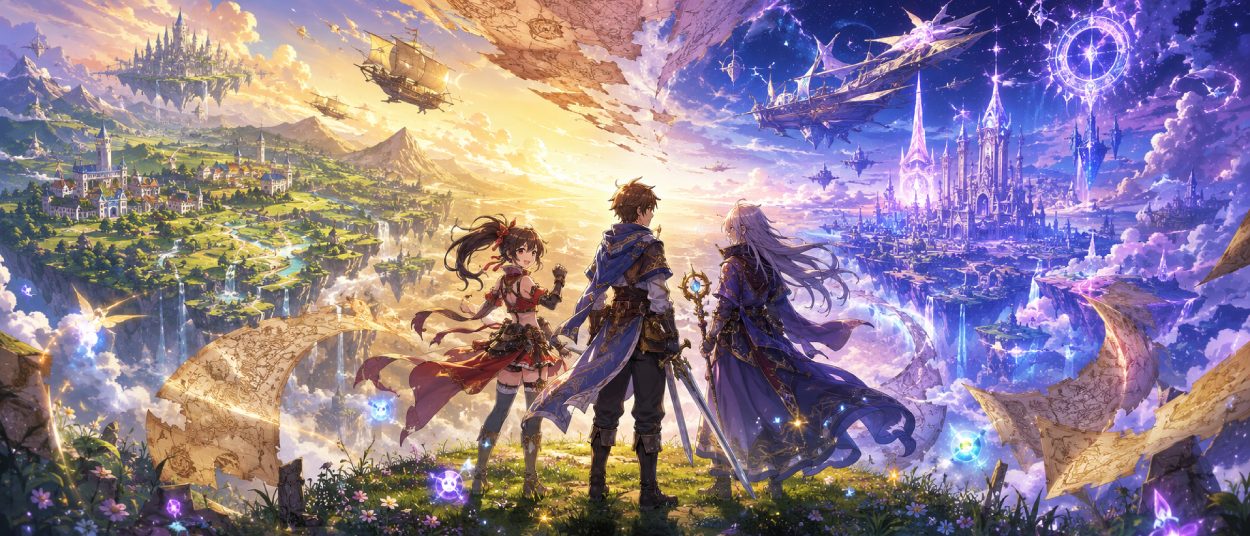 Eine klassische JRPG-Heldengruppe steht vor zwei schwebenden Welten, während ein Schwertkämpfer, eine Kämpferin und eine geheimnisvolle Magierin in ein neues Abenteuer aufbrechen.