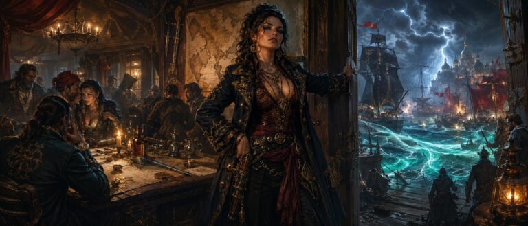 Eine Piratenkönigin steht in einer sturmumtosten Hafentaverne, während draußen schwarze Segel, magische Wellen und ein imperiales Kriegsschiff erscheinen.