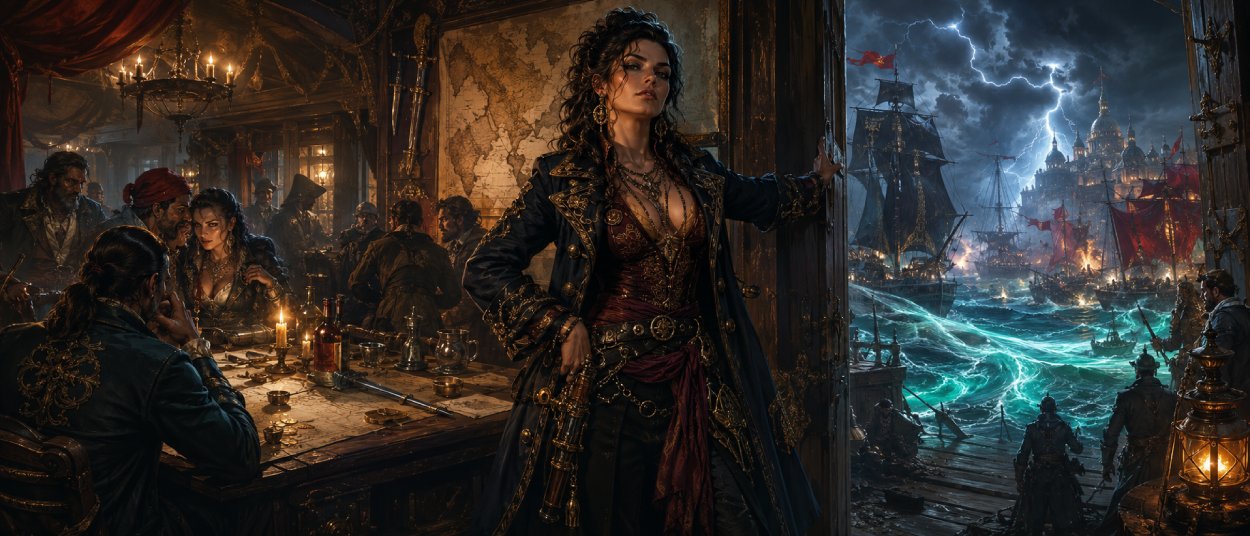 Eine Piratenkönigin steht in einer sturmumtosten Hafentaverne, während draußen schwarze Segel, magische Wellen und ein imperiales Kriegsschiff erscheinen.