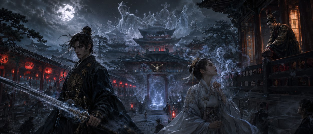 Ein nächtlicher koreanischer Königspalast mit Geisternebel, davor ein Schwertkämpfer und eine Hofdame, während blasse Gestalten über den Dächern erscheinen.