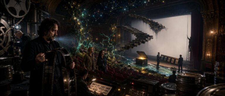 Eine geheimnisvolle Fantasywelt aus The Great Beyond entsteht hinter einer gewaltigen IMAX-Filmleinwand mit Glen Powell und Jenna Ortega.