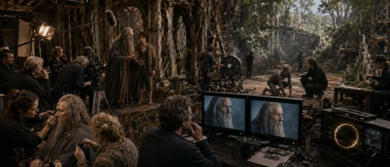 Ein Darsteller wird am Set von The Hunt for Gollum für eine begrenzte digitale Verjüngung aufgenommen, während Gollum im Hintergrund beobachtet.