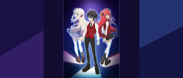 Ein schwarzhaariger Schüler in rot-weißer Uniform steht zwischen einer weißhaarigen und einer rothaarigen Schülerin vor einem dunkelblauen Hintergrund.