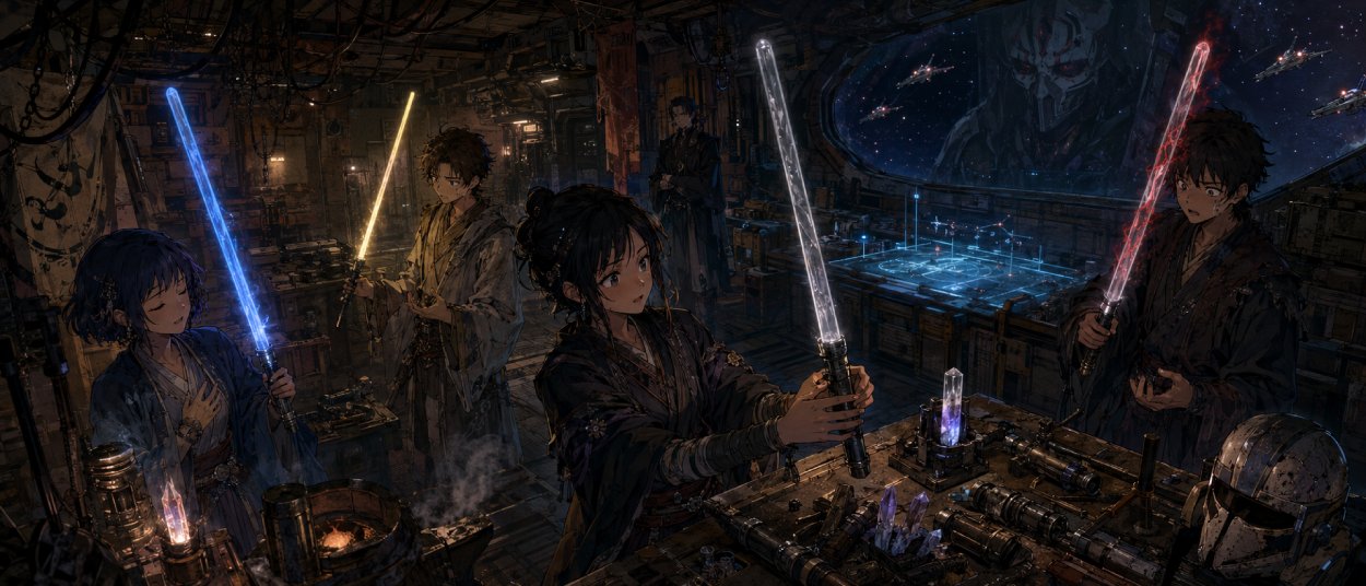 Kara hält in The Ninth Jedi ein farbloses Lichtschwert, während unterschiedliche Klingenfarben die Gesinnung mehrerer Machtnutzer enthüllen.