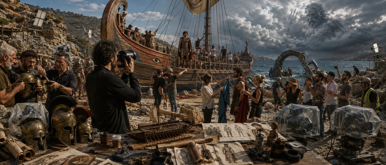 Christopher Nolan beobachtet die Dreharbeiten zu The Odyssey, während Experten über Rüstungen, Schiffe und historische Genauigkeit streiten.