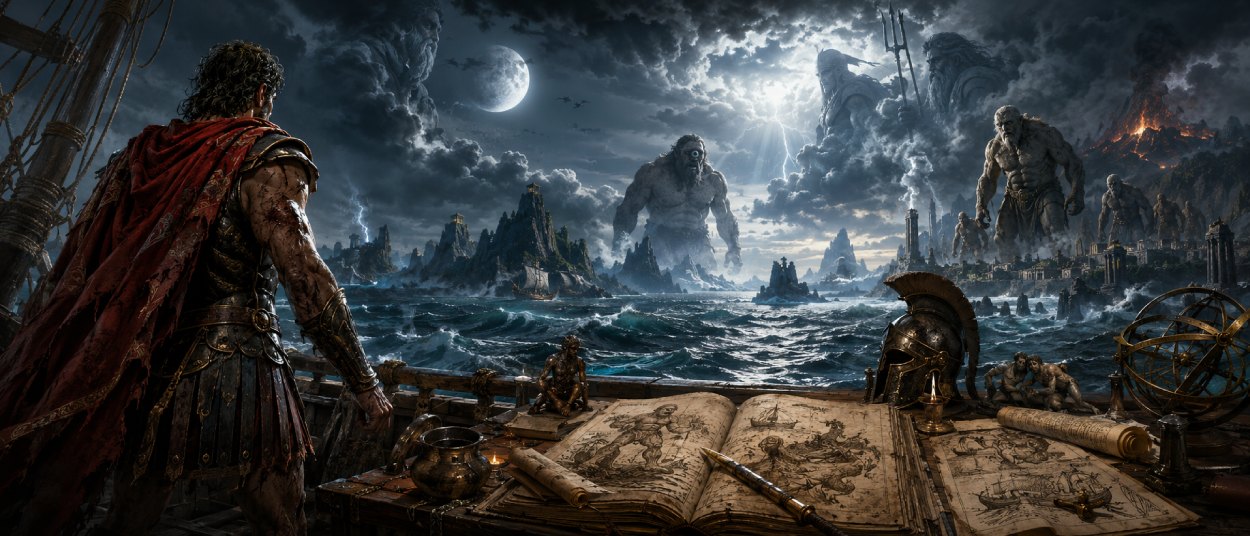 Odysseus steht auf einem sturmgepeitschten antiken Schiff, während ein Zyklop, göttliche Schatten und leuchtende Inseln am Horizont erscheinen.