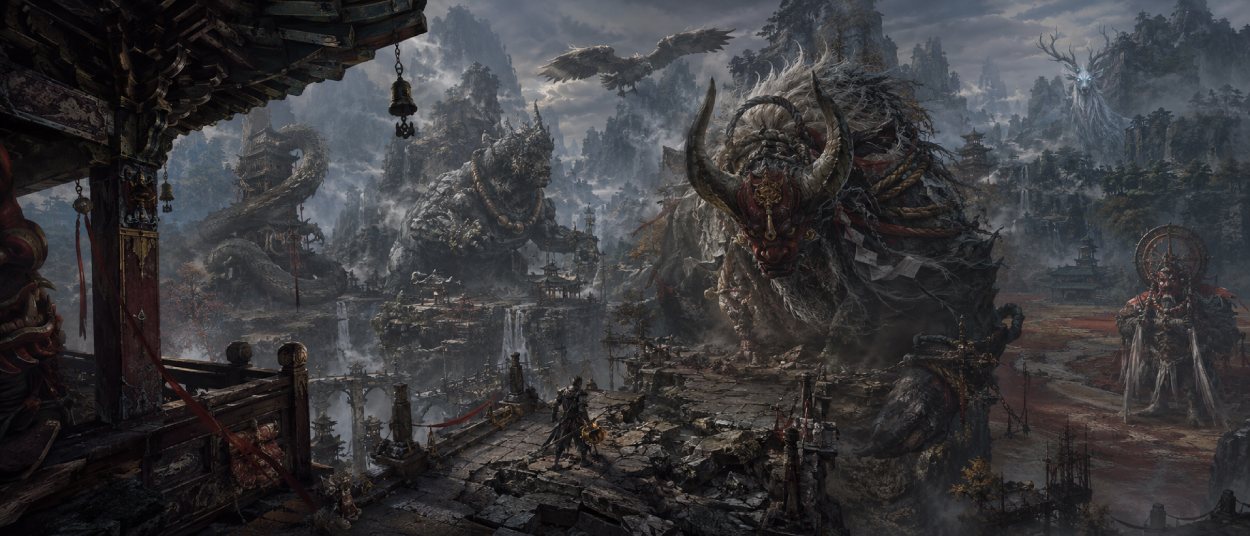 Ein gepanzerter Krieger steht in einer zerstörten Felsenlandschaft mehreren riesigen Kreaturen gegenüber. Über ihm ragt ein gehörnter Monsterboss aus Rauch und Stein auf, während weitere mythologische Wesen im Hintergrund zwischen Tempelruinen und Bergen erscheinen.