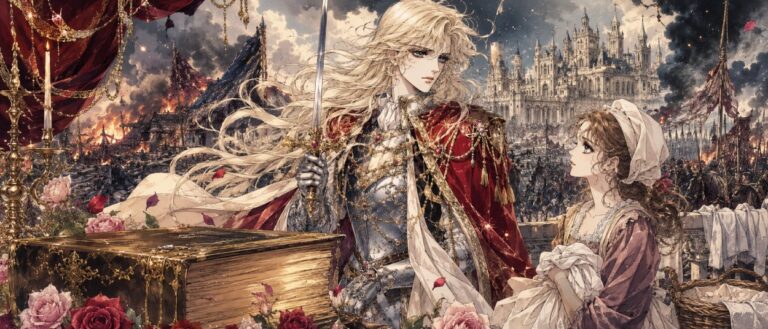Eine androgyne Prinzessin mit Schwert steht in einem kriegsgezeichneten Fantasy-Königreich vor einem Palast, während eine junge Frau im Schatten einer brennenden Stadt auf sie blickt.