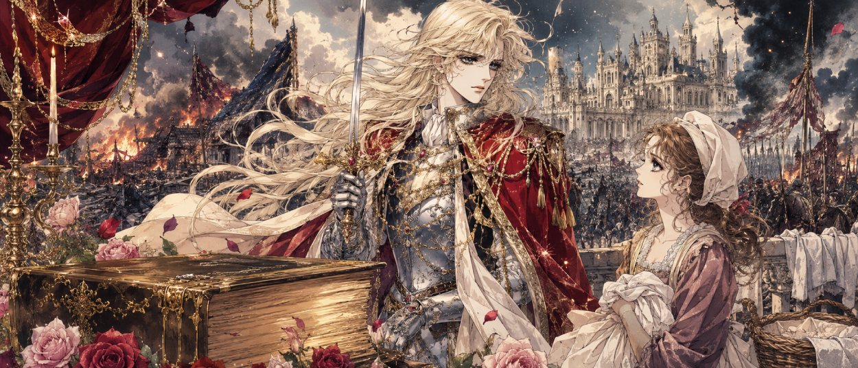 Eine androgyne Prinzessin mit Schwert steht in einem kriegsgezeichneten Fantasy-Königreich vor einem Palast, während eine junge Frau im Schatten einer brennenden Stadt auf sie blickt.