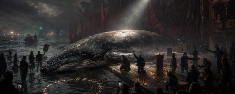 Ein erschöpfter Buckelwal liegt zwischen dunkler Ostsee und Hamburger Theaterbühne, während Menschen filmen, diskutieren und beten. Über der Szene wächst aus ihren Schatten ein vielköpfiger Leviathan aus Händen, Gesichtern und erhobenen Smartphones.