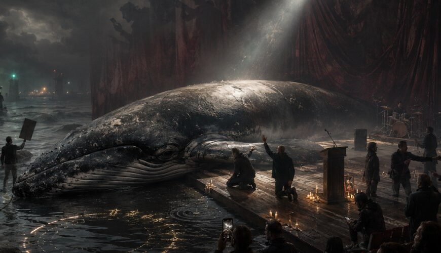 Ein erschöpfter Buckelwal liegt zwischen dunkler Ostsee und Hamburger Theaterbühne, während Menschen filmen, diskutieren und beten. Über der Szene wächst aus ihren Schatten ein vielköpfiger Leviathan aus Händen, Gesichtern und erhobenen Smartphones.