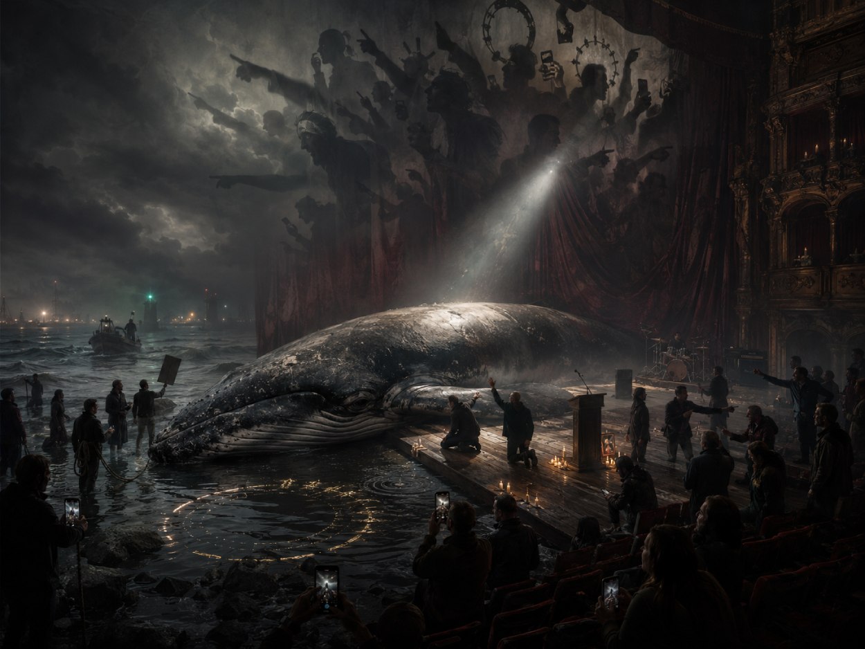 Ein erschöpfter Buckelwal liegt zwischen dunkler Ostsee und Hamburger Theaterbühne, während Menschen filmen, diskutieren und beten. Über der Szene wächst aus ihren Schatten ein vielköpfiger Leviathan aus Händen, Gesichtern und erhobenen Smartphones.
