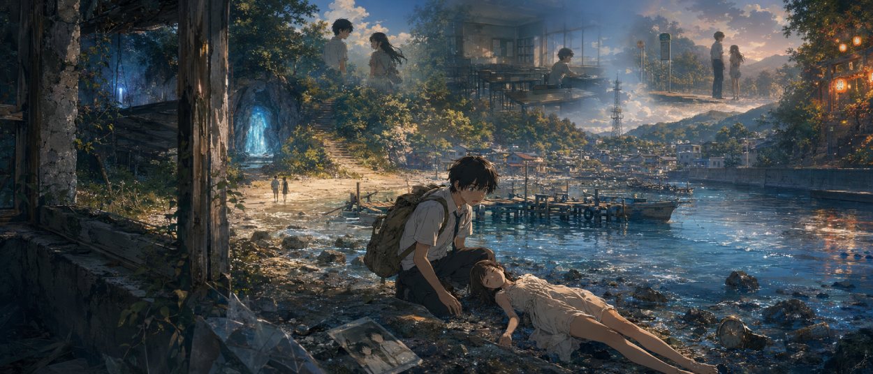 Anime-Szene an einer felsigen Meeresbucht: Ein Jugendlicher kniet neben einem bewusstlosen Mädchen im Sommerkleid, während Wasser, Küste und Licht gleichzeitig wie Gegenwart und wie das Jahr 1974 wirken.