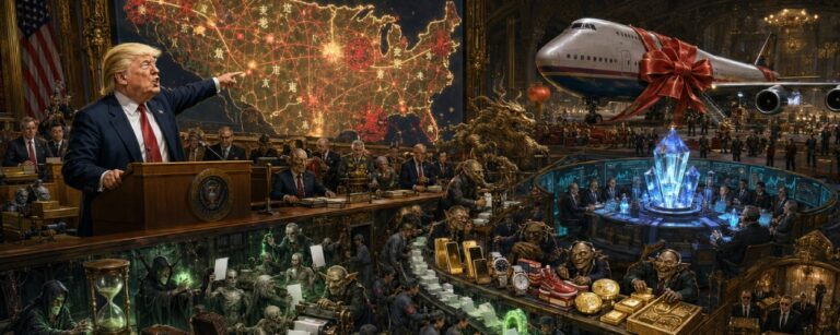 Donald Trump steht in einem prunkvollen Kontrollraum vor einer riesigen Wahlkarte, während chinesische Fabrikarbeiter, Goblins und vermummte Beamte Stimmzettel, goldene Telefone, Kryptomünzen, Uhren und eine Modell-Boeing über Förderbänder transportieren.