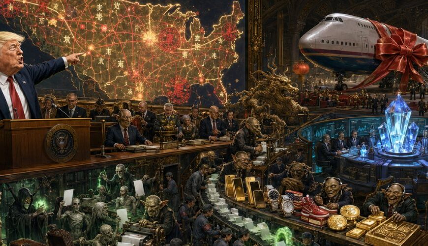 Donald Trump steht in einem prunkvollen Kontrollraum vor einer riesigen Wahlkarte, während chinesische Fabrikarbeiter, Goblins und vermummte Beamte Stimmzettel, goldene Telefone, Kryptomünzen, Uhren und eine Modell-Boeing über Förderbänder transportieren.