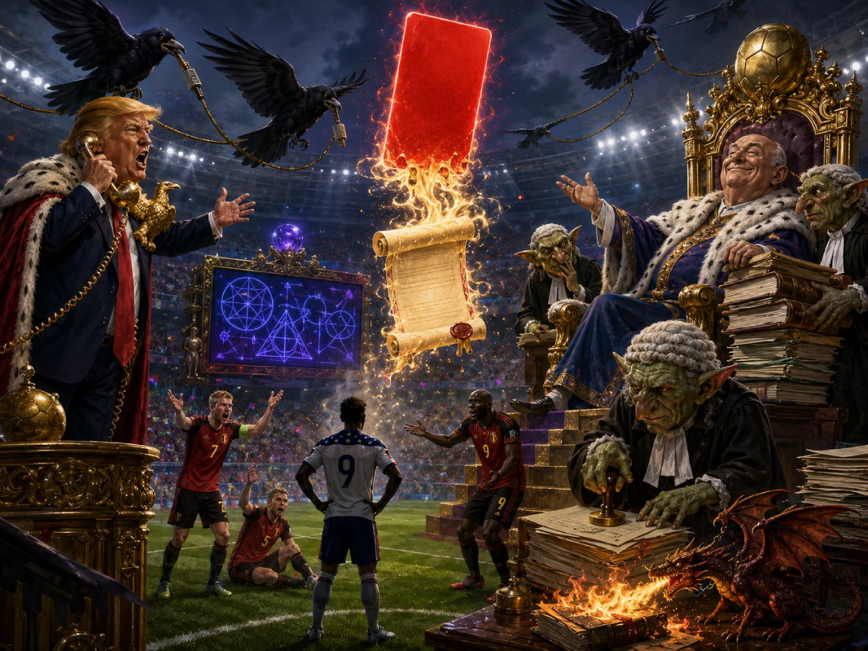 Satirische Fantasy-Fußballszene: Ein mächtiger Präsident telefoniert mit einem FIFA-Herrscher, während eine rote Karte über einem Stadion schmilzt und belgische Spieler empört auf einen Telefon-VAR zeigen.
