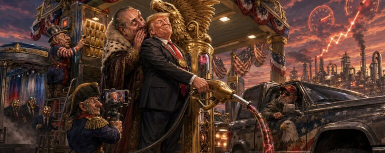Fantasy-Tankstelle mit einem orangehaarigen US-Präsidenten-Typ an einer goldenen Adler-Zapfsäule, während Goblins unterirdisch Geld, Treibstoff und geheime Preispläne verwalten.