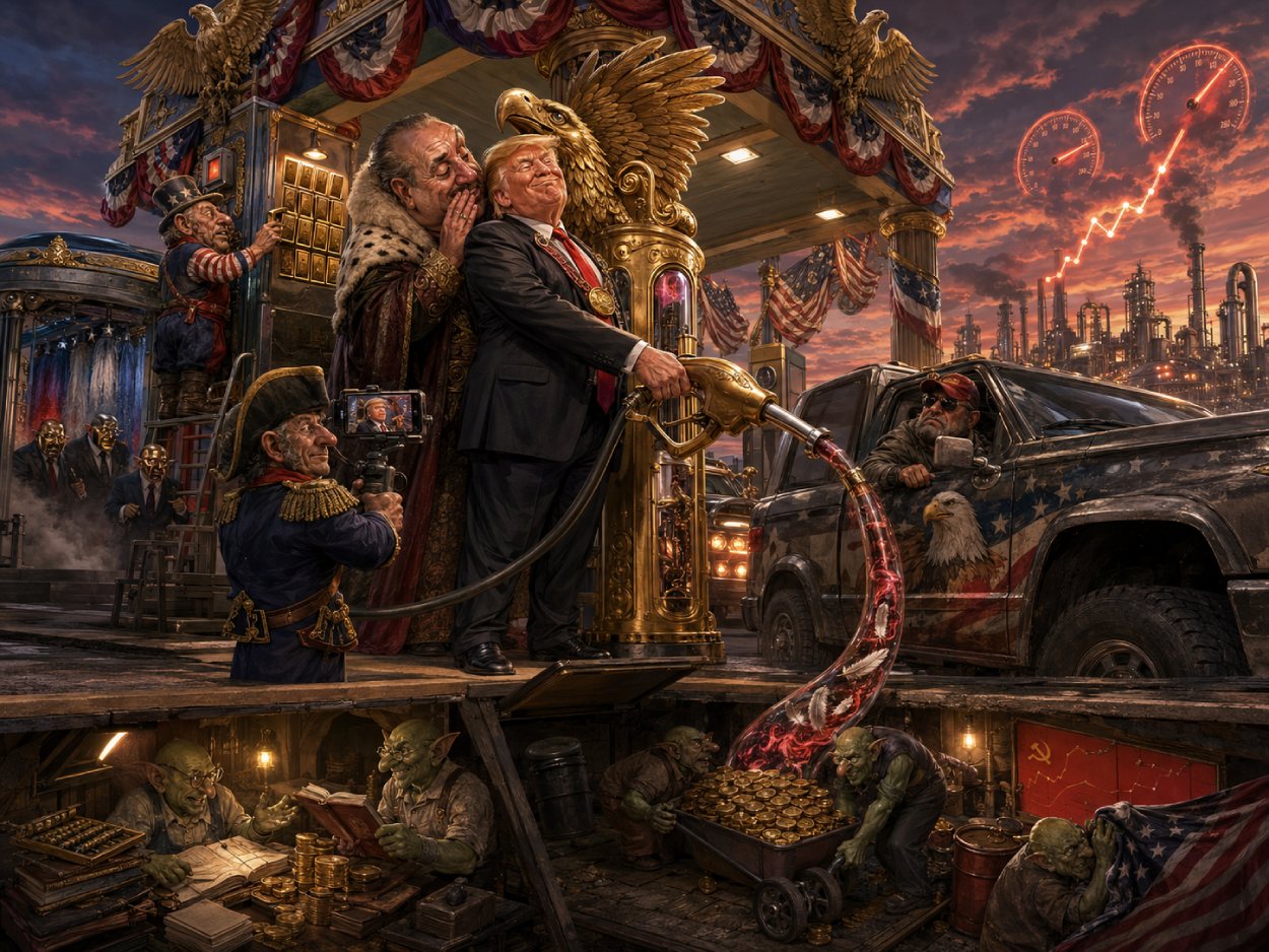 Fantasy-Tankstelle mit einem orangehaarigen US-Präsidenten-Typ an einer goldenen Adler-Zapfsäule, während Goblins unterirdisch Geld, Treibstoff und geheime Preispläne verwalten.
