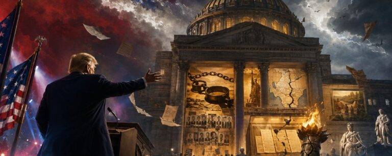 Dramatische Illustration eines politischen Kulturkampfs um amerikanische Geschichte: Vor einem monumentalen Museum mit leuchtenden Ausstellungen zu Sklaverei, Bürgerrechten und Gründungsmythen steht eine Trump-ähnliche Figur vor einer aufgewühlten Menge, während Fahnen, Dokumente, Ketten und ein brennendes Freiheits-Symbol im Sturm wirbeln.