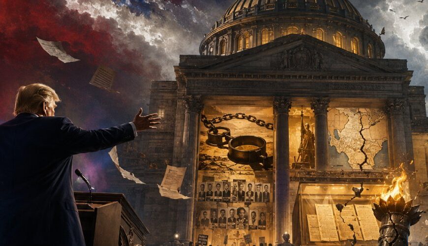 Dramatische Illustration eines politischen Kulturkampfs um amerikanische Geschichte: Vor einem monumentalen Museum mit leuchtenden Ausstellungen zu Sklaverei, Bürgerrechten und Gründungsmythen steht eine Trump-ähnliche Figur vor einer aufgewühlten Menge, während Fahnen, Dokumente, Ketten und ein brennendes Freiheits-Symbol im Sturm wirbeln.