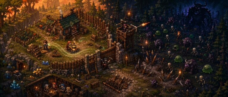 Drei Helden verteidigen in Ultra Pixel Survive 2 eine Pixel-Festung auf Nintendo Switch gegen nächtliche Monsterwellen.