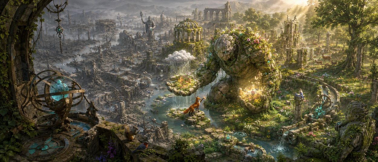 Ein großer steinerner Golem mit Moos und bunten Blumen auf dem Rücken kniet neben einem kleinen roten Fuchs an einem Bach. Um sie herum wachsen hohe Gräser, blühende Pflanzen und junge Bäume zwischen überwucherten Ruinen.