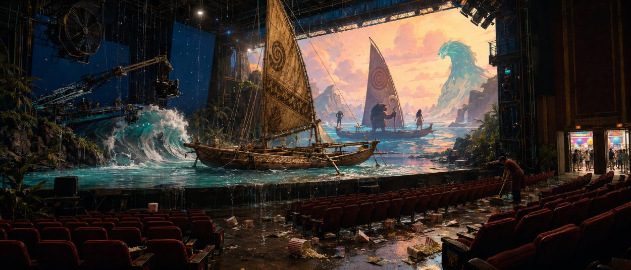 Eine aufwendig gebaute polynesische Filmkulisse mit gestrandeter Segelkanu vor einem beinahe leeren Kinosaal.