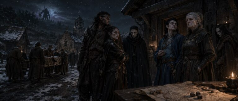 Sechs unterschiedlich gekleidete Vampire stehen nachts vor einer mittelalterlichen Totenhalle, während Dorfbewohner eine Bahre durch den Schnee tragen.
