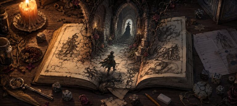 Veritas Tales Witch of the Dark Castle als handgezeichnetes Fantasy-Spielbuch mit Hexe, dunklem Schloss und Abenteuerseiten.