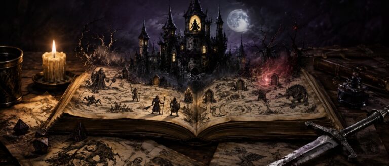 Ein altes Fantasy-Buch liegt geöffnet vor einem düsteren Hexenschloss, während Würfel, Schwert und magische Schatten aus den Seiten steigen.