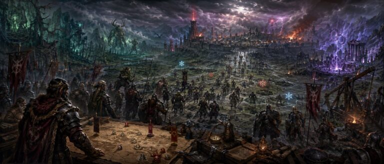 Eine düstere Fantasy-Armee zieht über ein Hexfeld-Schlachtfeld vor einer bedrohten Stadt, während Blutkulte und apokalyptische Wolken am Horizont aufziehen.