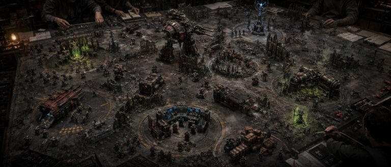 Mehrere bemalte Science-Fiction-Miniaturen kämpfen auf einem Tabletop-Schlachtfeld mit Ruinen und sechs runden Missionsmarkierungen. Ein großer Kampfroboter steht zwischen zerstörten Mauern, während Infanterie und Transportfahrzeuge verschiedene Bereiche des Spielfelds besetzen.
