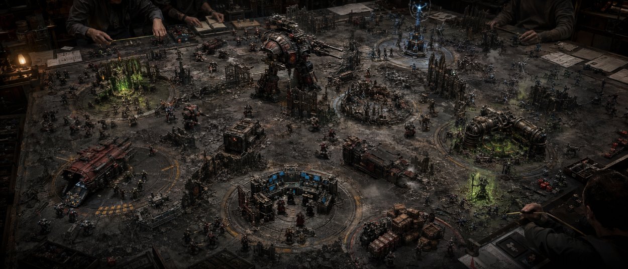 Mehrere bemalte Science-Fiction-Miniaturen kämpfen auf einem Tabletop-Schlachtfeld mit Ruinen und sechs runden Missionsmarkierungen. Ein großer Kampfroboter steht zwischen zerstörten Mauern, während Infanterie und Transportfahrzeuge verschiedene Bereiche des Spielfelds besetzen.