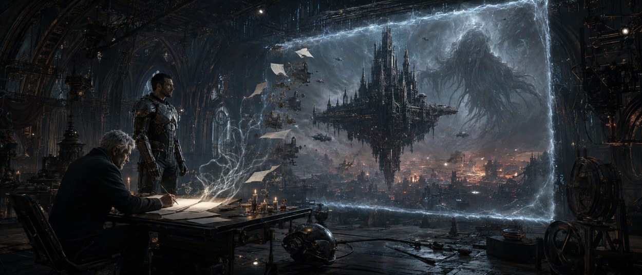 Ein Autor sitzt in einer dunklen futuristischen Halle an einem Schreibtisch, während ein gepanzerter Krieger durch ein leuchtendes Portal auf eine brennende Weltraumkathedrale blickt.
