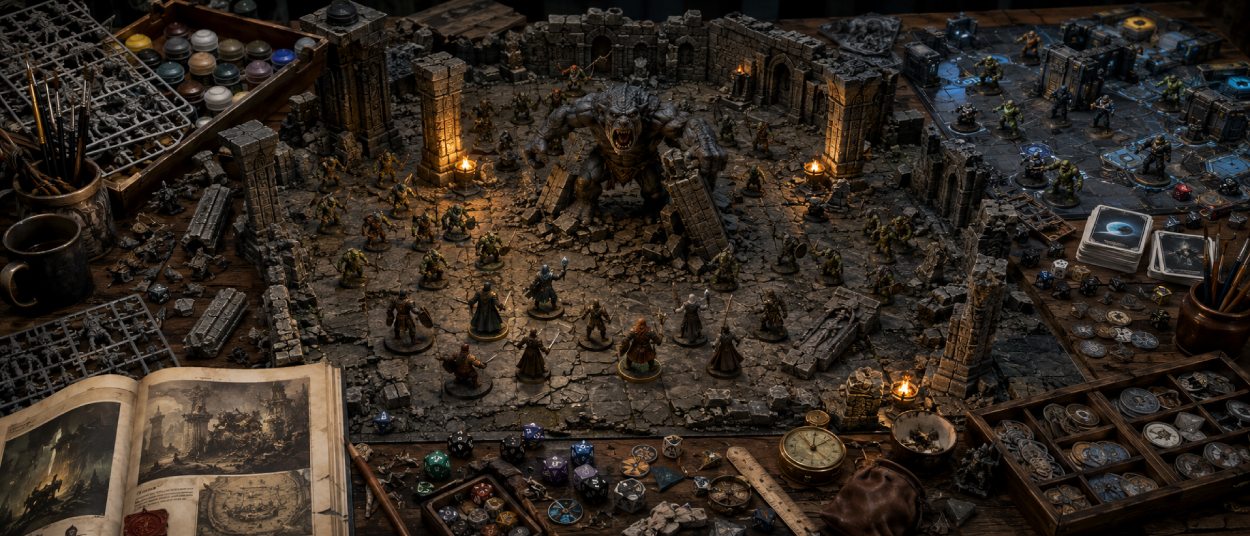 Warhammer Brettspiele mit Battle in Balin’s Tomb, Moria-Goblins, Höhlentroll und Gefährten auf einem Fantasy-Spieltisch.