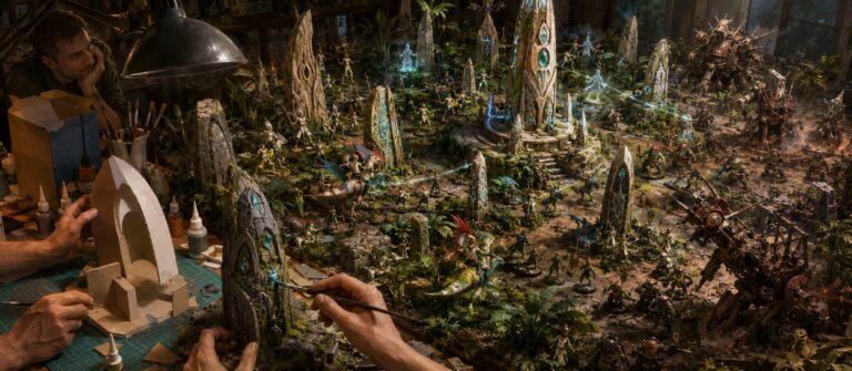 Ein bemaltes Tabletop-Schlachtfeld mit hohen steinernen Menhiren, gebogenen Aeldari-Bauten und dichter Dschungelvegetation. Zwischen den Bauwerken bewegen sich schlanke Science-Fiction-Krieger und mehrere Reiter auf reptilienartigen Wesen.