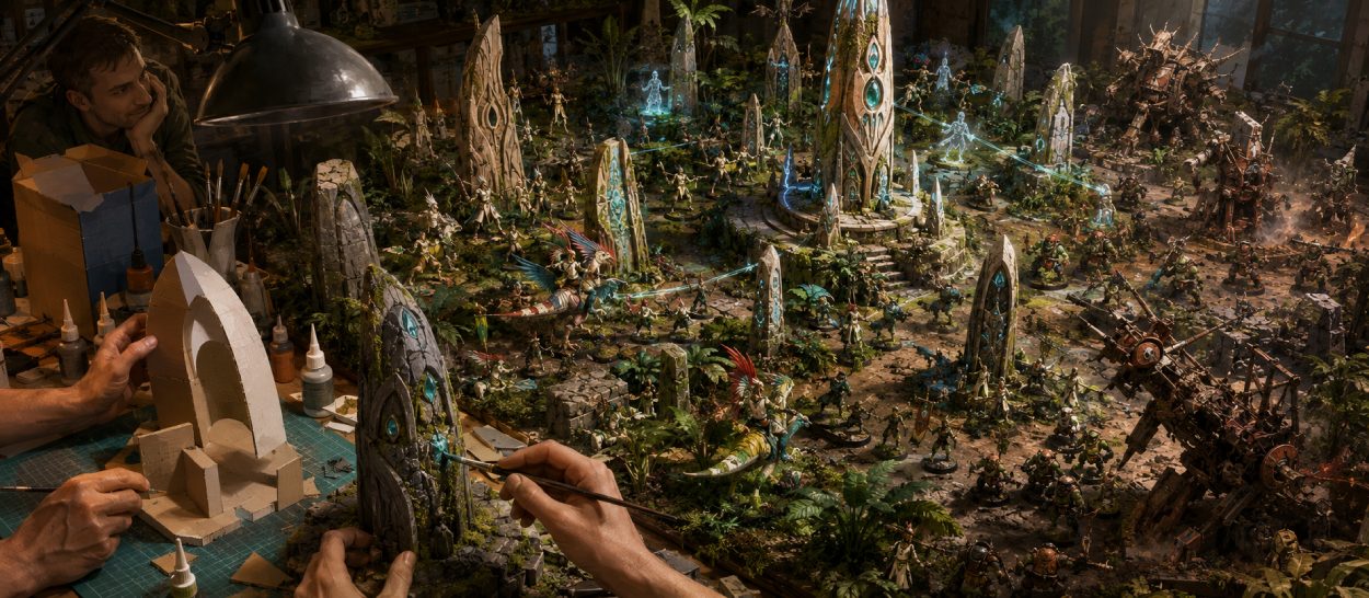 Ein bemaltes Tabletop-Schlachtfeld mit hohen steinernen Menhiren, gebogenen Aeldari-Bauten und dichter Dschungelvegetation. Zwischen den Bauwerken bewegen sich schlanke Science-Fiction-Krieger und mehrere Reiter auf reptilienartigen Wesen.