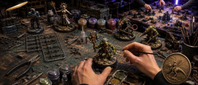Eine grüne Ork-Miniatur steht mit erhobener Waffe auf einem Basteltisch zwischen Farben, Pinseln und Kunststoffteilen.