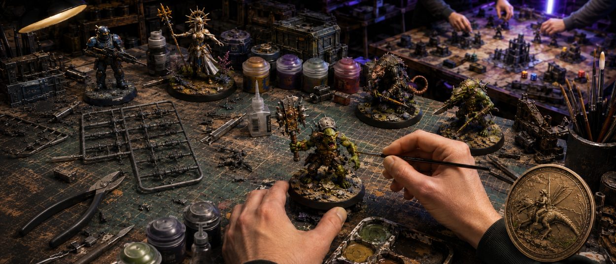 Eine grüne Ork-Miniatur steht mit erhobener Waffe auf einem Basteltisch zwischen Farben, Pinseln und Kunststoffteilen.