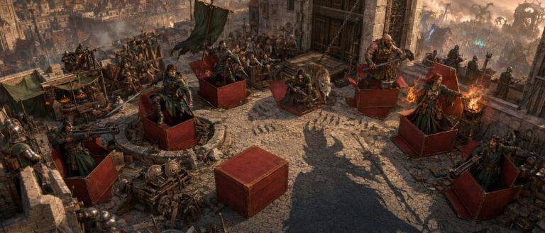 Sechs unterschiedlich bewaffnete Fantasyfiguren treten aus geöffneten roten Schachteln, während hinter einer siebten geschlossenen Box nur der Schatten einer unbekannten Gestalt erscheint.