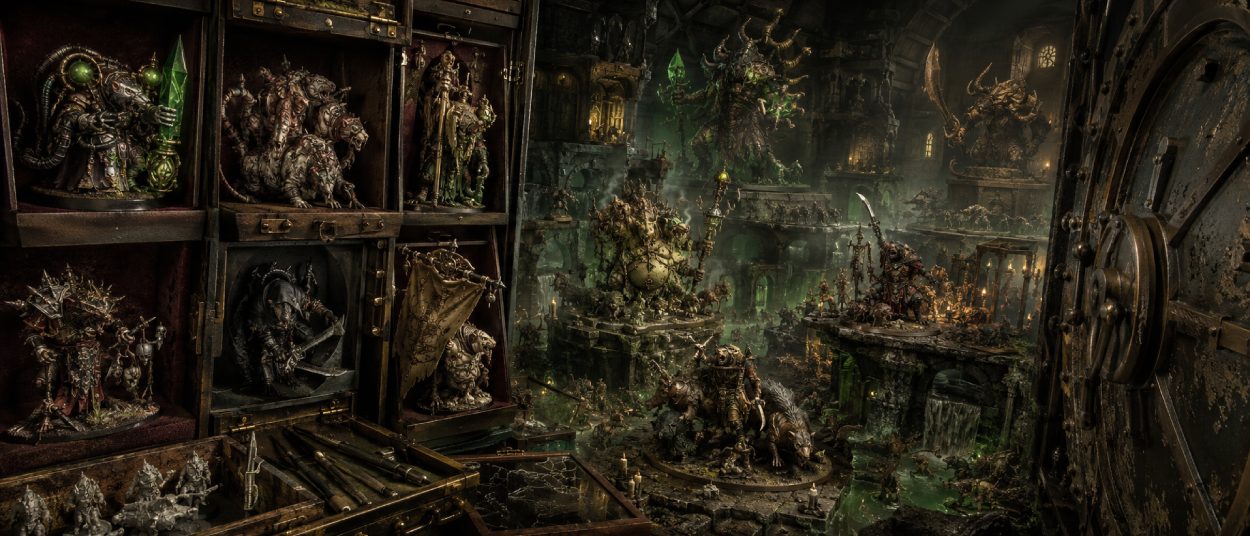 Mehrere bemalte Skaven-Miniaturen stehen in einer unterirdischen Ruinenlandschaft. Zu sehen sind gepanzerte Rattenkrieger, ein vermummter Assassine, ein Seuchenpriester und zwei große gehörnte Rattendämonen.