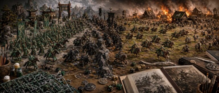 Miniaturen von Cathay, Chaoskriegern und Reitern Rohans stehen auf einem Fantasy-Schlachtfeld zwischen Maßband, Würfeln und Pergamentkarten.