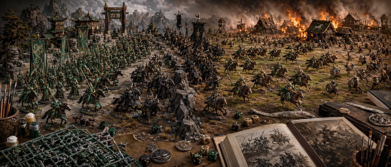 Miniaturen von Cathay, Chaoskriegern und Reitern Rohans stehen auf einem Fantasy-Schlachtfeld zwischen Maßband, Würfeln und Pergamentkarten.