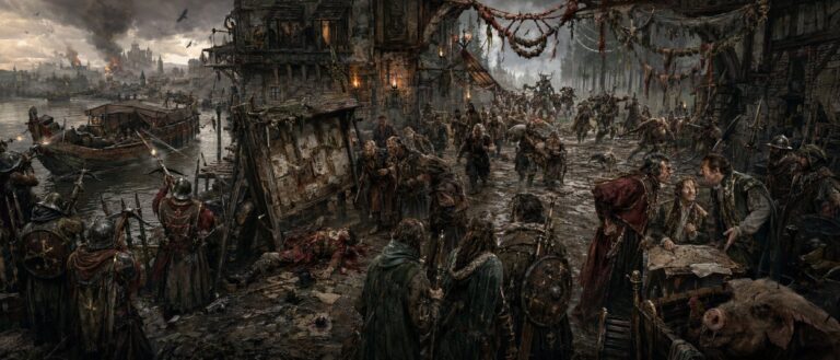 Warhammer Old World RPG mit Abenteurern im gefährlichen Flusshafen Talagaard zwischen Intrigen, Tiermenschen und Orkangriffen.