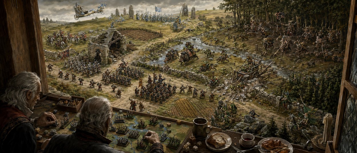 Fünf kleine Fantasy-Armeen stehen auf einem hügeligen Schlachtfeld. Imperiale Soldaten marschieren mit Musketen, Tiermenschen brechen aus einem Wald, Orks greifen mit Reitern und Streitwagen an, während Hoch- und Waldelfen von zwei Seiten vorrücken.
