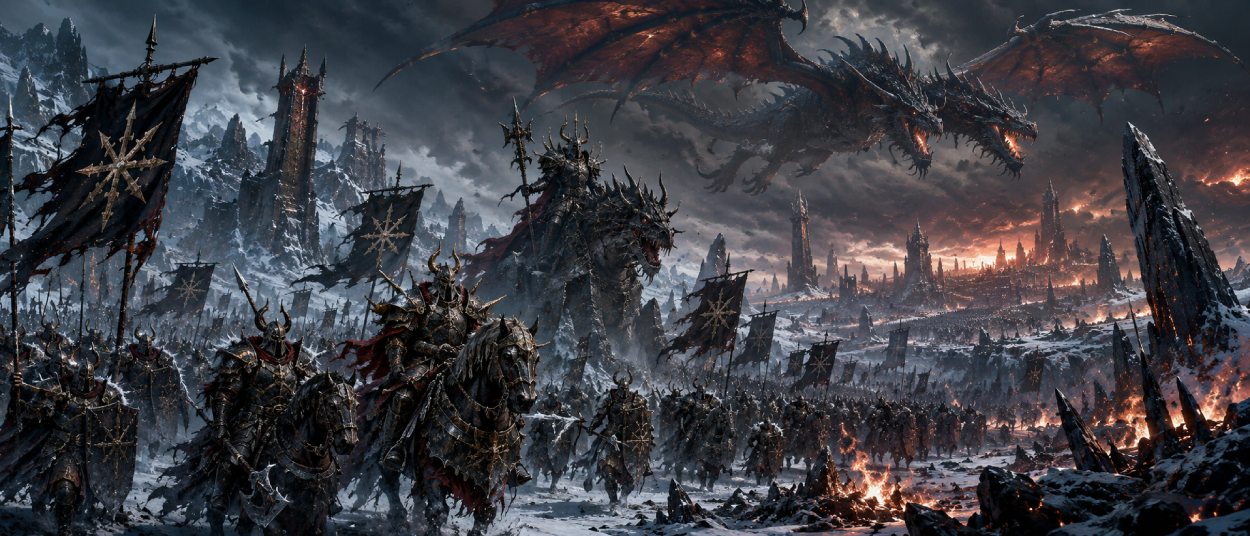 Eine schwer gepanzerte Chaosarmee marschiert durch Schnee und Rauch, während ein zweiköpfiger Drache über dunklen Rittern und Bannern kreist.
